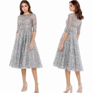 MAC DUGGAL 20252 Embellished A-Line High Neck Platinum Midi Dress Sz 4 NWT $598